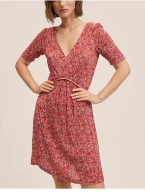 Mango Printed Pleated Dress dress size 0 with drawstring